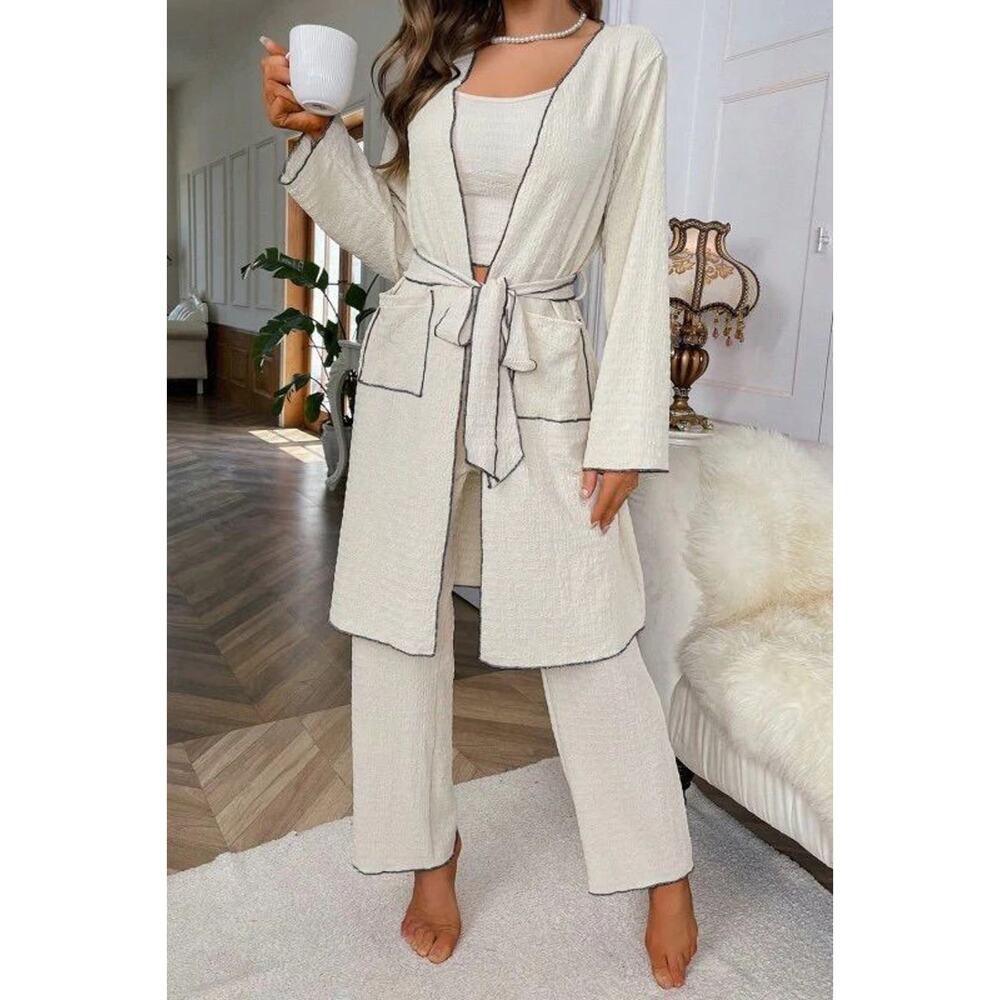 RomWe 3pc Beige Black Trim Crepe Belted Long Robe Tank Top Pajama Bottoms Set S